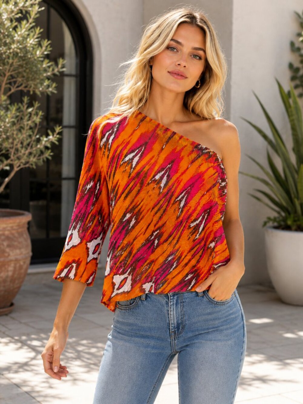 INC International Concepts One-Shoulder Printed Top Size: Small